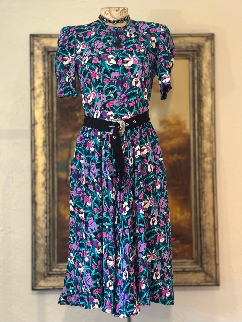 Vintage 80s/90s Floral Princess Puff Sleeve Midi Dress in Teal & Purple - S